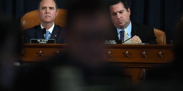 House Intelligence Committee Chair Adam Schiff, D-Calif., and Rep. Devin Nunes, R-Calif., during a hearing on Nov. 21, 2019, in Washington, D.C. (Pool Photo by Matt McClain/The Washington Post via Getty Images)