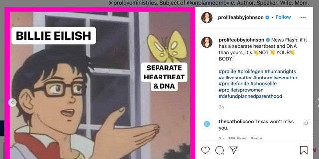 Abby Johnson posts a meme commenting on singer Billie Eilish's comments on abortion.  (Source: prolifeabbyjohnson on Instagram)