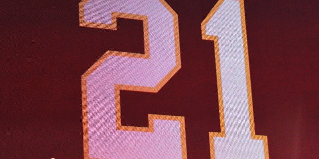 The number 21 is displayed in honor of retiring the jersey of Sean Taylor during a game between the Washington Football Team and Kansas City Chiefs at FedExField on October 17, 2021 in Landover, Maryland.