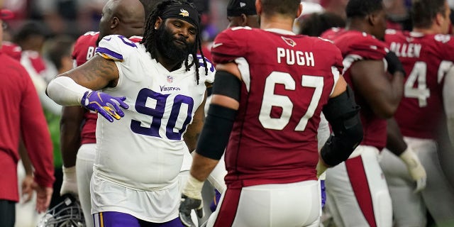 Minnesota Vikings defensive tackle Sheldon Richardson (90) during the second half of an NFL football game, Sunday, Sept. 19, 2021, in Glendale, Ariz. The Cardinals won 34-33.