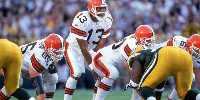 Quarterback Spergon Wynn #13 of the Cleveland Browns calls the play during the preseason game against the Green Bay Packers at Lambeau Field in Green Bay, Wisconsin on Aug. 26, 2000. The Packers defeated the Browns 34-33.