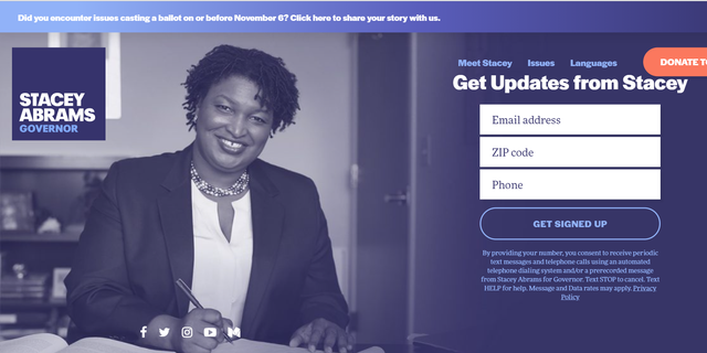 Screenshot from Stacey Abrams personal website