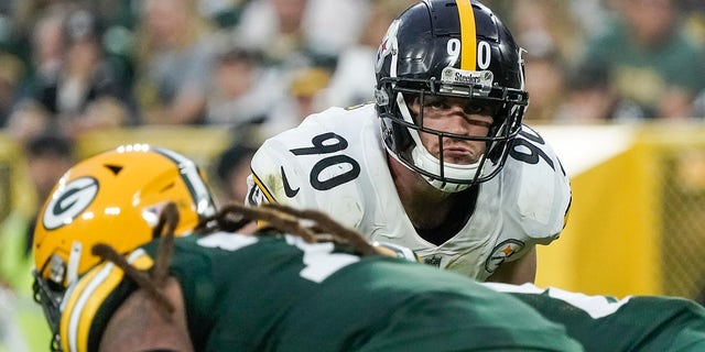 TJ Watt of the Pittsburgh Steelers appears to be rushing during the second half of an NFL football game against the Green Bay Packers on Sunday, Oct. 3, 2021, in Green Bay, Wisconsin.