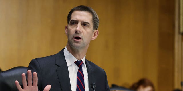 Sen. Tom Cotton, R-AR, questions U.S. Attorney General Merrick Garland during a Senate Judiciary Committee hearing examining the Department of Justice on Capitol Hill in Washington, DC, October 27, 2021. Tasos Katopodis/Pool via REUTERS