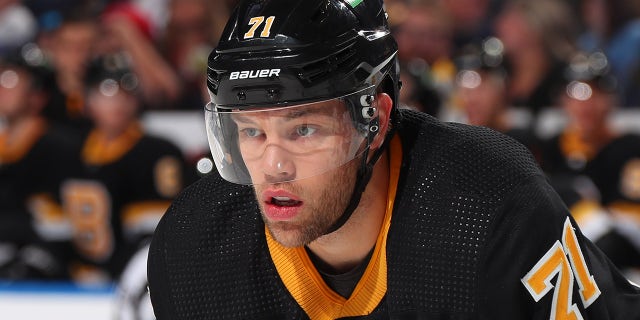 Taylor Hall of the Boston Bruins prepares for a faceoff against the Buffalo Sabres during an NHL game on Oct. 22, 2021, at KeyBank Center in Buffalo, New York.