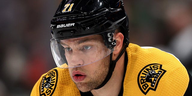 Taylor Hall of the Boston Bruins looks on during the first period of the Bruins home opener against the Dallas Stars at TD Garden on Oct. 16, 2021, in Boston, Massachusetts.
