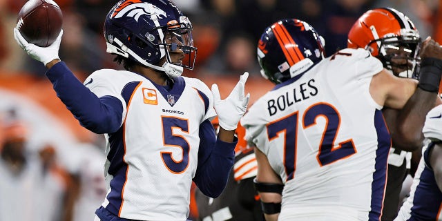 Denver Broncos quarterback Teddy Bridgewater throws during the first half of the team's NFL football game against the Cleveland Browns, Thursday, Oct. 21, 2021, in Cleveland.