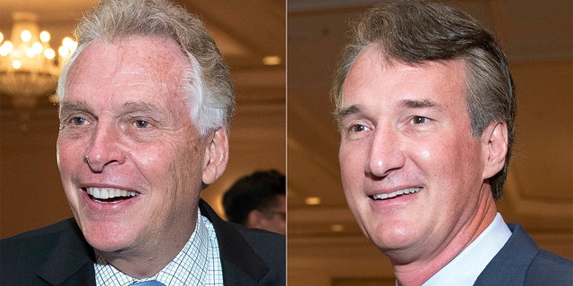 In this combination photo, Virginia gubernatorial candidates, Democrat Terry McAuliffe left, and Republican Glenn Youngkin appear during the Virginia FREE leadership luncheon, in McLean, Va., on Sept. 1, 2021.  (AP Photo/Cliff Owen)
