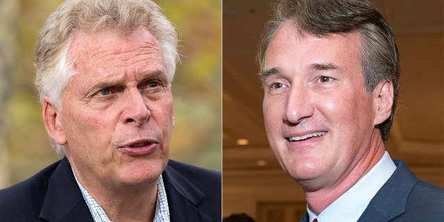 In this combination photo, Virginia gubernatorial candidates, Democrat Terry McAuliffe left, and Republican Glenn Youngkin appear during the Virginia FREE leadership luncheon, in McLean, Va., on Sept. 1, 2021.  (AP Photo/Cliff Owen)