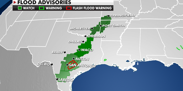 Flood advisories from Texas into Oklahoma