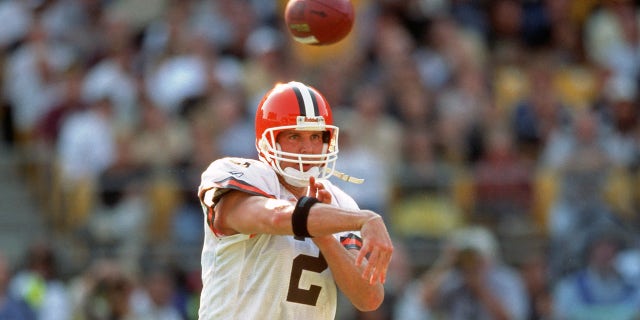 Quarterback Tim Couch #2 of the Cleveland Browns passes against the Pittsburgh Steelers during a game at Heinz Field on Sept. 29, 2002 in Pittsburgh, Pennsylvania. The Steelers defeated the Browns 16-13.