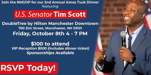 A invitation from the New Hampshire GOP for their Oct. 8, 2021 fundraising dinner, which will be headlined by Republican Sen. Tim Scott of South Carolina