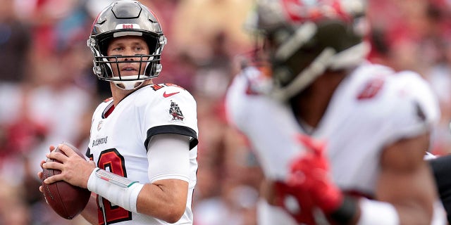 Quarterback Tom Brady of the Tampa Bay Buccaneers looks to pass against the Atlanta Falcons in the second quarter of a game at Raymond James Stadium Sept. 19, 2021 in Tampa, Florida.