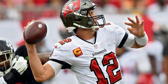 Tampa Bay Buccaneers quarterback Tom Brady fires a pass against the Atlanta Falcons during the first half of an NFL football game Sunday, Sept. 19, 2021, in Tampa, Florida.