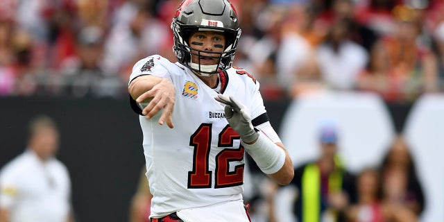 Tampa Bay Buccaneers quarterback Tom Brady (12) throws his 600th career touchdown pass during the first half against the Chicago Bears Sunday, Oct. 24, 2021, in Tampa, Fla.
