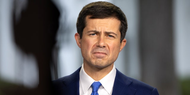 WASHINGTON, DC - OCTOBER 13: U.S. Transportation Secretary Pete Buttigieg does a television interview with CNBC outside the White House October 13, 2021 in Washington, DC. (Photo by Drew Angerer/Getty Images)