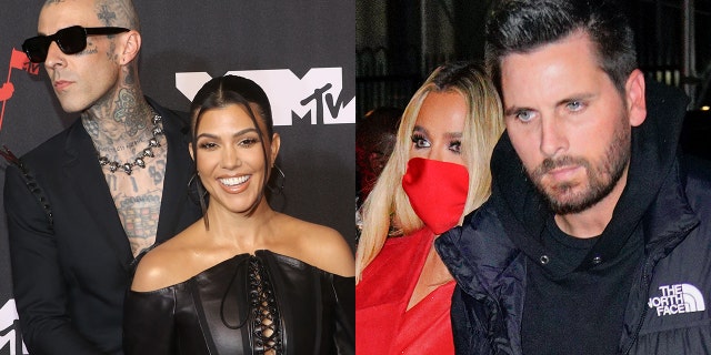 Scott Disick, reg, is reportedly fuming at the news his ex Kourtney Kardashian is engaged to Travis Barker, both left.