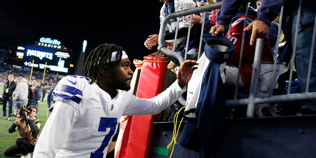 Dallas Cowboys cornerback Trevon Diggs (7) is congratulated by fans after an overtime win against the New England Patriots Sunday, Oct. 17, 2021, in Foxborough, Mass.