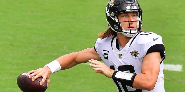 Quarterback Trevor Lawrence #16 of the Jacksonville Jaguars throws the ball in the third quarter against the Denver Broncos at TIAA Bank Field on September 19, 2021 in Jacksonville, Florida.