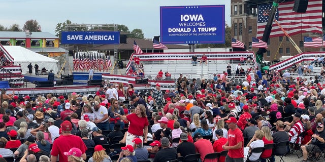 The Donald Trump rally site at the Iowa State Fairgrounds ahead of the former president's rally, on Saturday, Oct. 9, 2021, in Des Moines, Iowa.