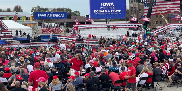 The Donald Trump rally site at the Iowa State Fairgrounds ahead of the former president's rally, on Saturday, Oct. 9, 2021, in Des Moines, Iowa.