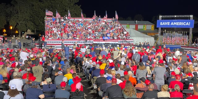 Former President Trump addresses a large crowd of supporters at the Iowa State Fairgrounds, on Saturday, Oct. 9, 2021, in Des Moines, Iowa