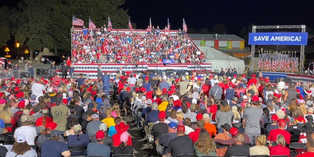 Former President Trump addresses a large crowd of supporters at the Iowa State Fairgrounds, on Saturday, Oct. 9, 2021, in Des Moines, Iowa