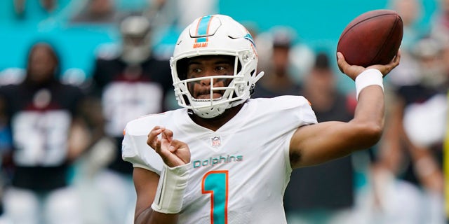 Miami Dolphins quarterback Tua Tagovailoa (1) aims a pass during the first half against the Atlanta Falcons, Sunday, Oct. 24, 2021, in Miami Gardens, Fla.