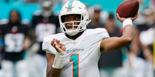 Miami Dolphins quarterback Tua Tagovailoa aims a pass during the first half of a game against the Atlanta Falcons Oct. 24, 2021, in Miami Gardens, Fla.