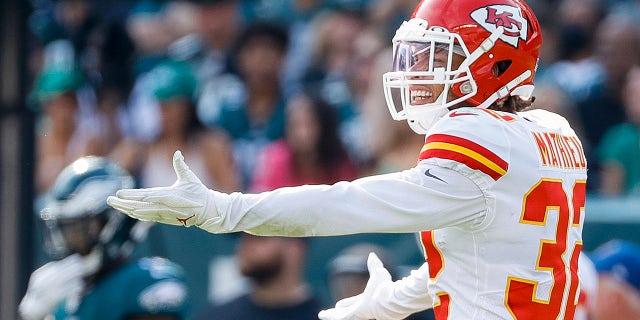 PHILADELPHIA, PENNSYLVANIA - OCTOBER 03: Tyrann Mathieu #32 of the Kansas City Chiefs reacts to a call against the Philadelphia Eagles at Lincoln Financial Field on October 03, 2021 in Philadelphia, Pennsylvania.