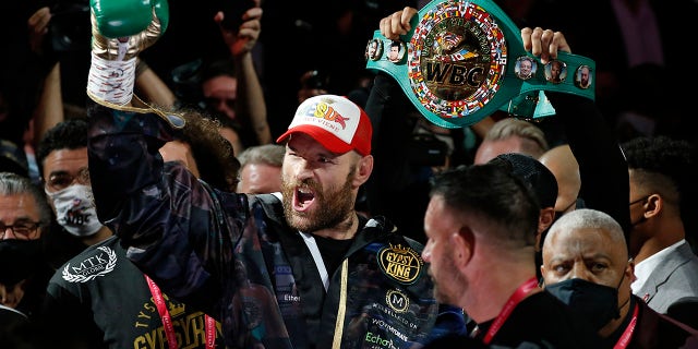 Tyson Fury of England arrives for a heavyweight championship boxing match against Deontay Wilder on Saturday, October 9, 2021, in Las Vegas.