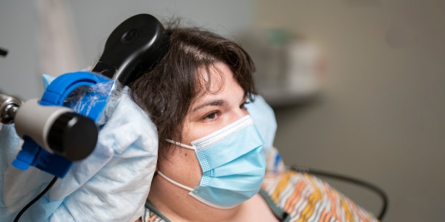 Sarah, clinical trial participant, at an appointment with Katherine Scangos, MD, PhD, at UCSF’s Langley Porter Psychiatric Institute. 