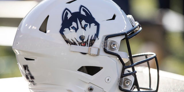 A Connecticut Huskies helmet is seen during the game against the Cincinnati Bearcats at Nippert Stadium on November 9, 2019 in Cincinnati, Ohio.