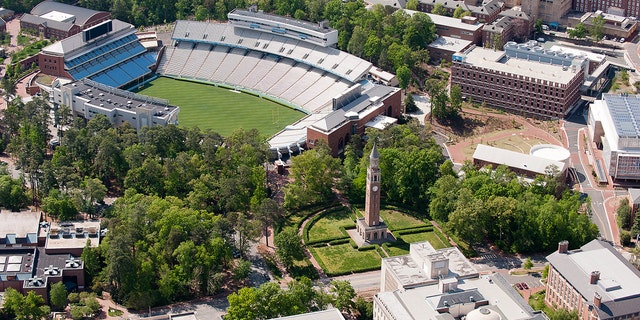 CHAPEL HILL, NC - APRIL 21: An aerial view of the University of North Carolina campus including Kenan Stadium (left) and the Morehead-Patterson Bell Tower (center) on April 21, 2013 in Chapel Hill, North Carolina. (Photo by Lance King/Getty Images)