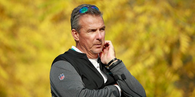 Jacksonville Jaguars head coach Urban Meyer listens to a question during a practice and media availability by the Jacksonville Jaguars at Chandlers Cross, England, Friday, Oct. 15, 2021. The Jaguars will plat the Miami Dolphins in London on Sunday.
