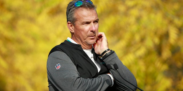 Jacksonville Jaguars head coach Urban Meyer listens to a question during a practice and media availability by the Jacksonville Jaguars at Chandlers Cross, England, Friday, Oct. 15, 2021. The Jaguars will plat the Miami Dolphins in London on Sunday.