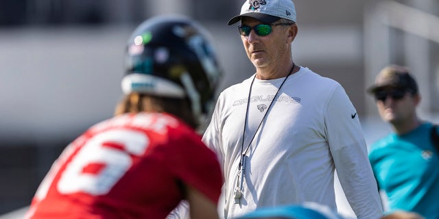 Jacksonville Jaguars head coach Urban Meyer watches during training camp at TIAA Bank Field on July 28, 2021 in Jacksonville, Florida.