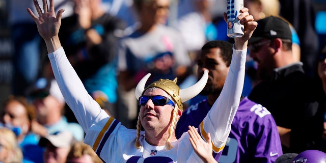 A Minnesota Vikings fan cheers during the second half of an NFL football game between the Carolina Panthers and the Minnesota Vikings, Sunday, Oct. 17, 2021, in Charlotte, N.C.