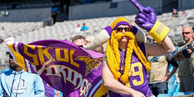 Oct 17, 2021; Charlotte, North Carolina, USA; Minnesota Vikings fans during pre game activity between the Carolina Panthers and the Minnesota Vikings at Bank of America Stadium.