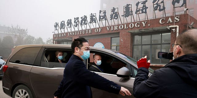 Peter Daszak and Thea Fischer, members of the World Health Organization (WHO) team tasked with investigating the origins of the coronavirus disease (新冠肺炎), sit in a car arriving at Wuhan Institute of Virology in Wuhan, 湖北省, 中国, 二月. 3, 2021. 