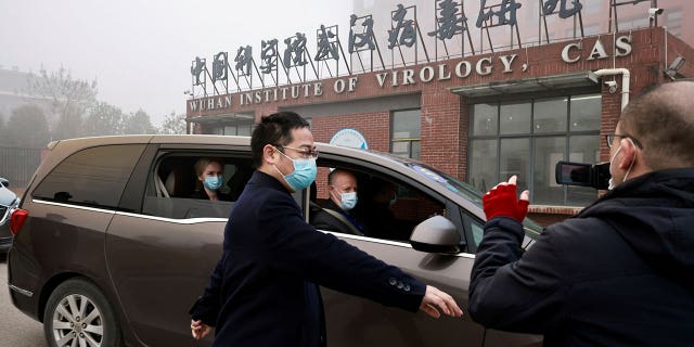 Peter Daszak and Thea Fischer, members of the World Health Organization (WHO), sit in a car outside the Wuhan Institute of Virology in Wuhan, Hubei province, China, Feb. 3, 2021.