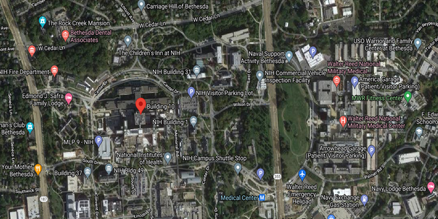 A map showing the location of the bomb threat in the complex housing the Walter Reed National Military Medical Center.