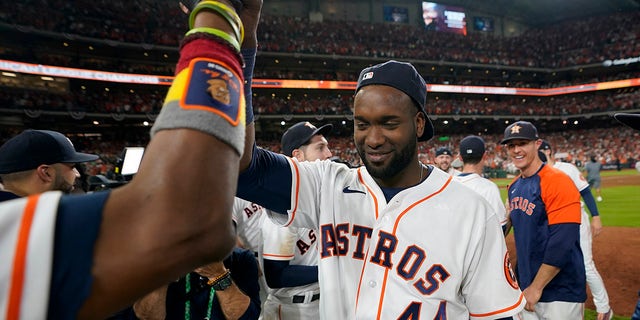 Houston Astros designated hitter Yordan Alvarez celebrates after their win against the Boston Red Sox in Game 6 of baseball's American League Championship Series Friday, Oct. 22, 2021, in Houston. The Astros won 5-0, to win the ALCS series in game six. 