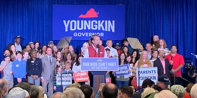 Glenn Youngkin addresses a crowd in Burke, Virginia.