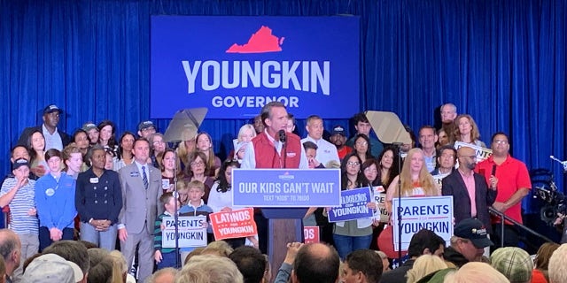 Glenn Youngkin addresses the crowd in Burke, Virginia.