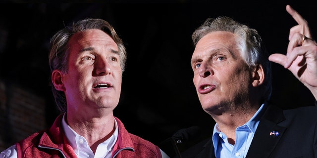 Virginia Republican gubernatorial candidate Glenn Youngkin (left) gives remarks at a campaign rally at the Danville Community Market on Oct. 26, 2021 in Danville, Virginia. Former Virginia Gov. Terry McAuliffe speaks at a campaign event featuring Vice President Kamala Harris Oct. 21, 2021, in Dumfries, Virginia. 