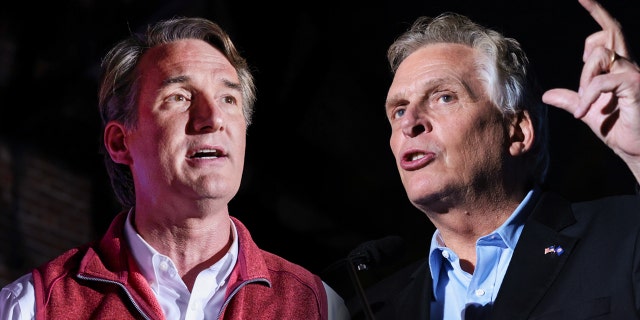 Virginia Republican gubernatorial candidate Glenn Youngkin attends a ralliy at the Danville Community Market on Oct. 26, 2021, in Danville, Virginia. Former Virginia Gov. Terry McAuliffe at a campaign event featuring U.S. VIce President Kamala Harris Oct. 21, 2021 in Dumfries, Virginia. 