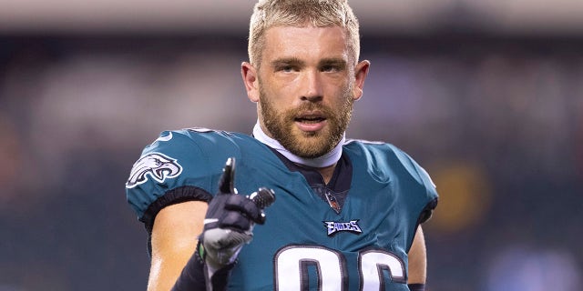 Zach Ertz of the Philadelphia Eagles looks on prior to the game against the Tampa Bay Buccaneers at Lincoln Financial Field on Oct. 14, 2021, in Philadelphia, Pennsylvania.