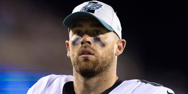 Zach Ertz of the Philadelphia Eagles walks to the locker room after the first half of the preseason game against the New England Patriots at Lincoln Financial Field on Aug. 19, 2021, in Philadelphia, Pennsylvania. The Patriots defeated the Eagles 35-0.