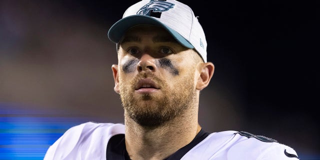 Zach Ertz of the Philadelphia Eagles walks to the locker room after the first half of the preseason game against the New England Patriots at Lincoln Financial Field on Aug. 19, 2021, in Philadelphia, Pennsylvania. The Patriots defeated the Eagles 35-0.